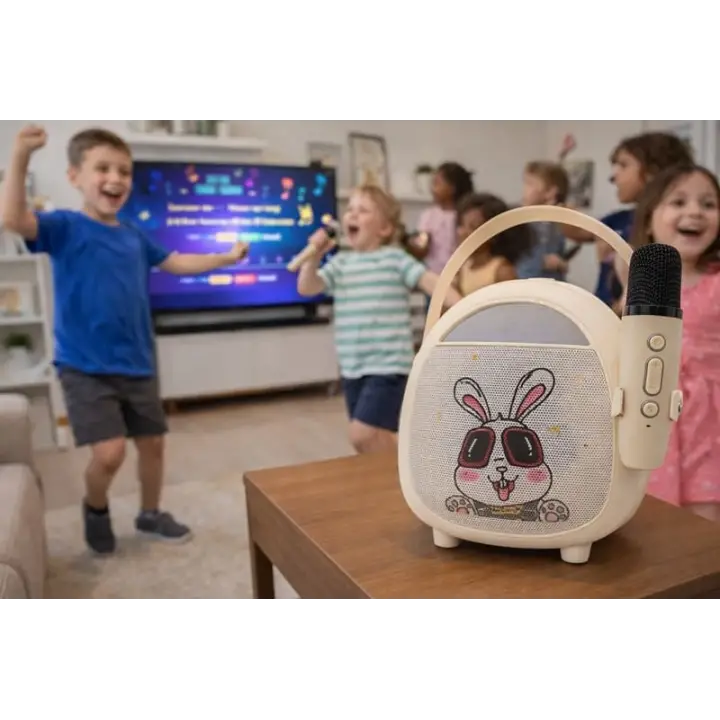 Retro Tasarımlı Bluetooth Karaoke Mikrofon ve Ahşap Tripodlu –Tavşan Desenli