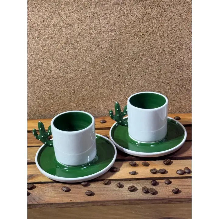 Seramik Kaktüs El Yapımı 110 Ml Türk Kahvesi, Espresso Fincanı 2 Adet Beyaz