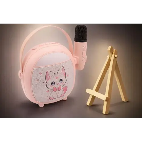 Retro Tasarımlı Bluetooth Karaoke Mikrofon ve Ahşap Tripodlu –Kedi Desenli