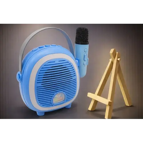 Retro Tasarımlı Bluetooth Karaoke Mikrofon ve Ahşap Tripodlu –Mavi