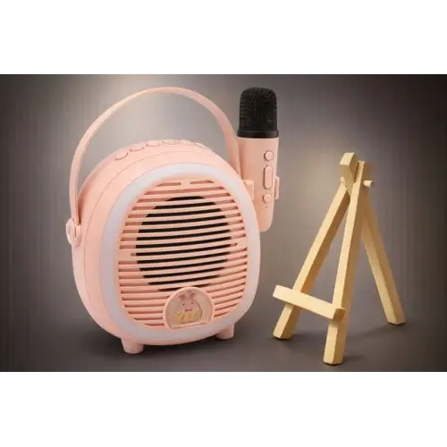 Retro Tasarımlı Bluetooth Karaoke Mikrofon ve Ahşap Tripodlu –Pembe