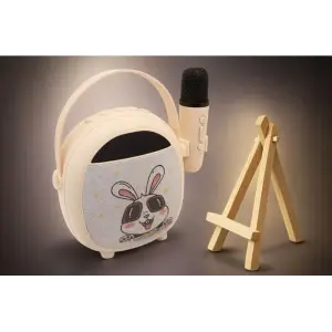 Retro Tasarımlı Bluetooth Karaoke Mikrofon ve Ahşap Tripodlu –Tavşan Desenli