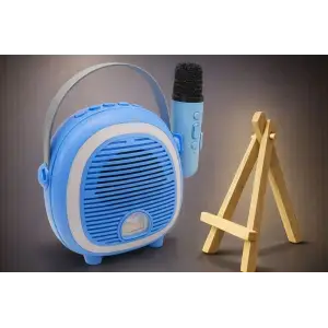 Retro Tasarımlı Bluetooth Karaoke Mikrofon ve Ahşap Tripodlu –Mavi