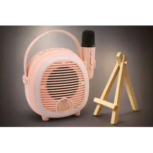 Retro Tasarımlı Bluetooth Karaoke Mikrofon ve Ahşap Tripodlu –Pembe