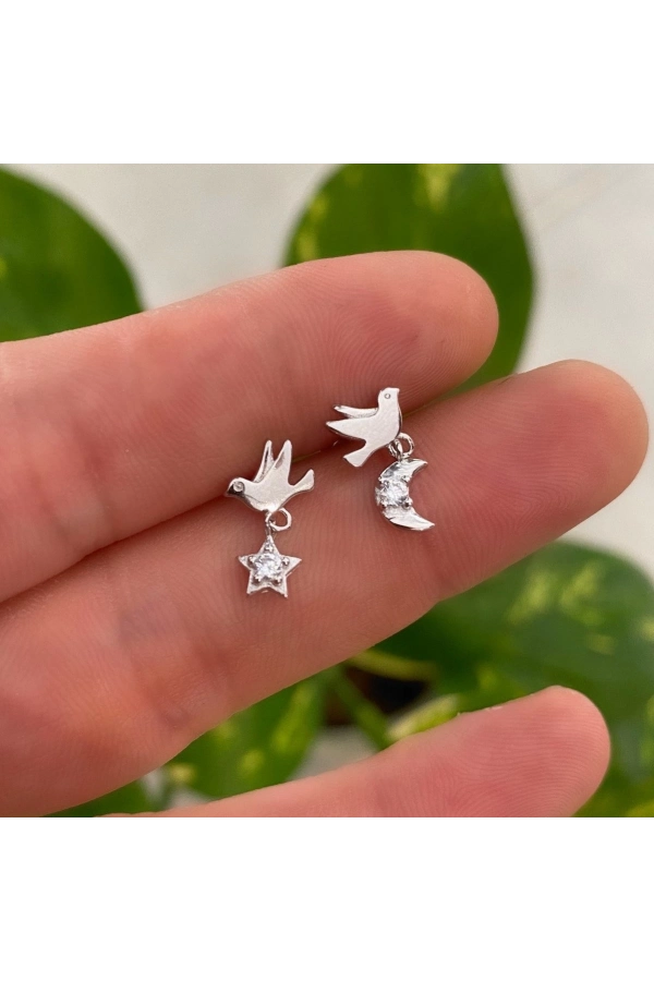 Ay Ve Yıldız Detaylı Kuş Küpe