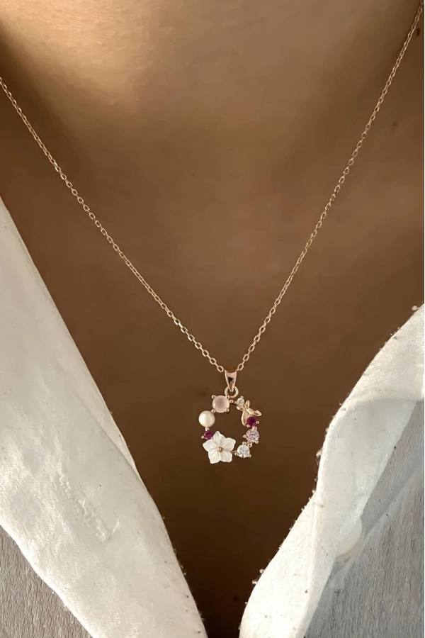 Çiçekli Sedef Taşlı Kolye