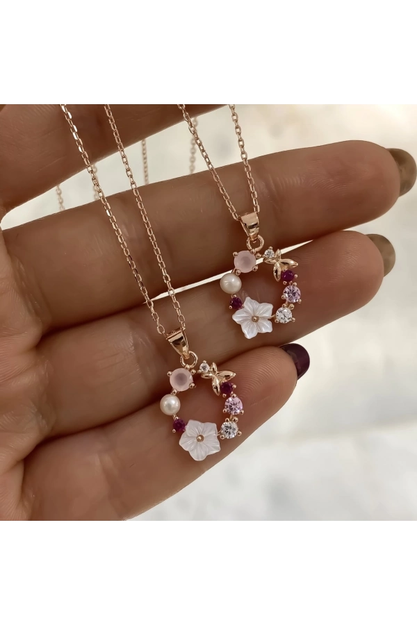 Çiçekli Sedef Taşlı Kolye