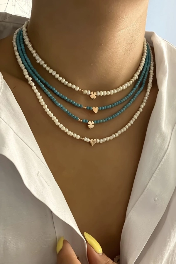 Figürlü İnci&Turkuaz Kolye