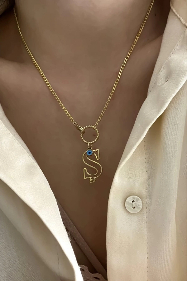 Gurmet Zincirli Göz Boncuklu Harf Kolye