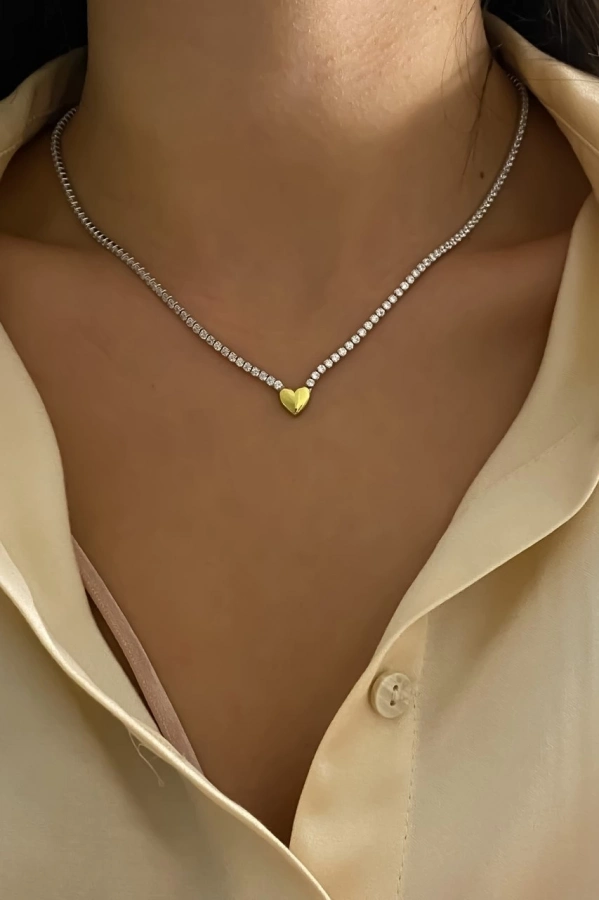 İki Renkli Kalp Detaylı Su Yolu Kolye