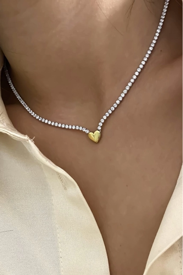 İki Renkli Kalp Detaylı Su Yolu Kolye