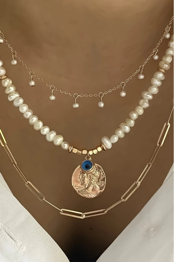 İnci Antik Madalyon Kolye