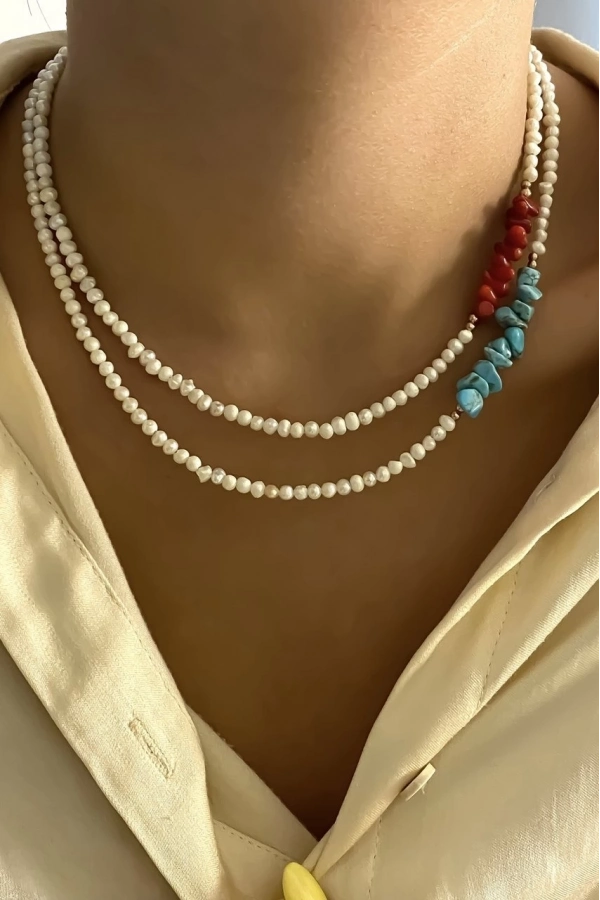 İnci Doğal Taş Detaylı Kolye