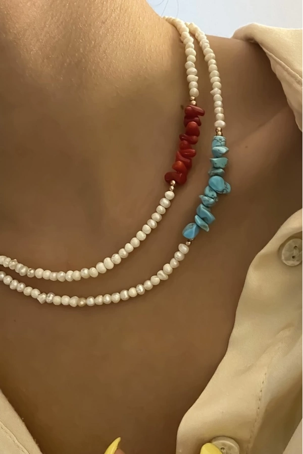 İnci Doğal Taş Detaylı Kolye