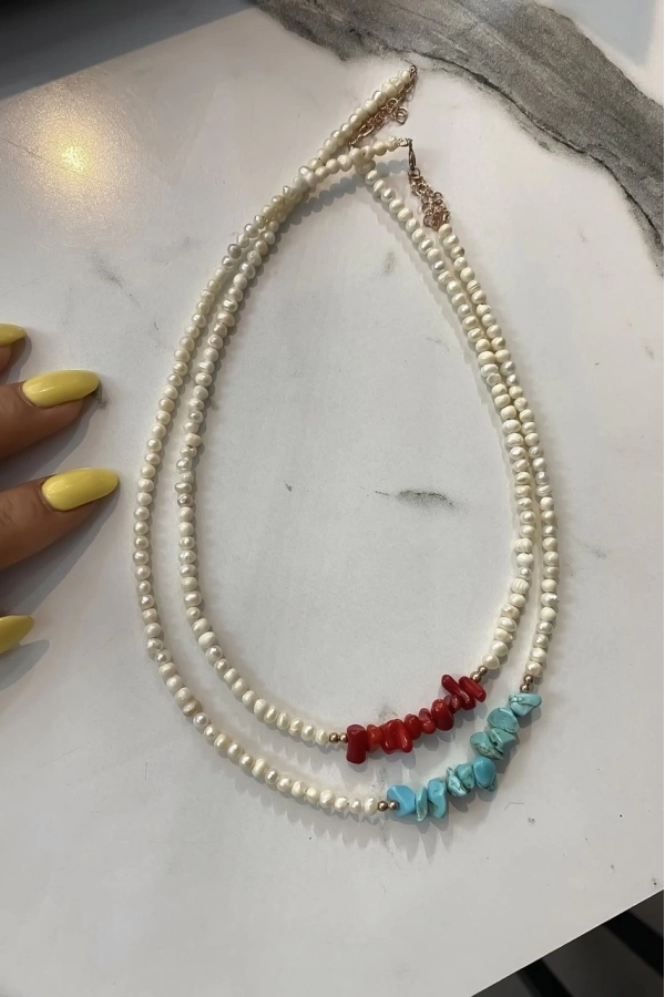 İnci Doğal Taş Detaylı Kolye