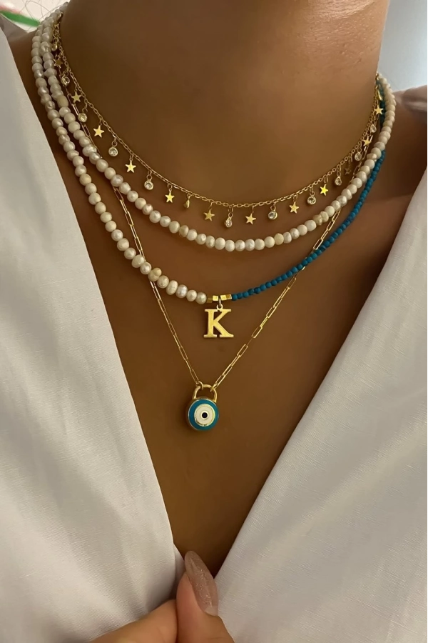 İnci&Turkuaz Harfli Tasarım Kolye