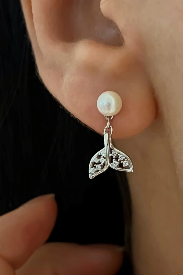 İncili Taşlı Balık Kuyruğu Küpe