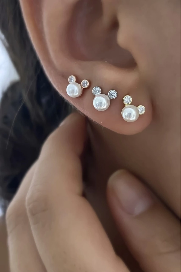 İncili Taşlı Minimal Küpe