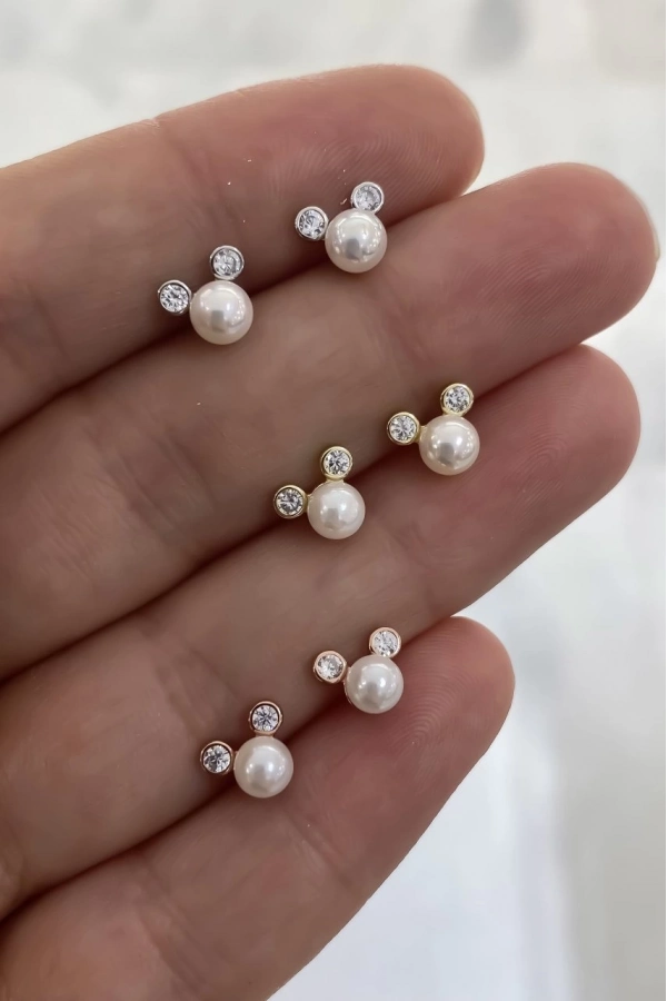 İncili Taşlı Minimal Küpe