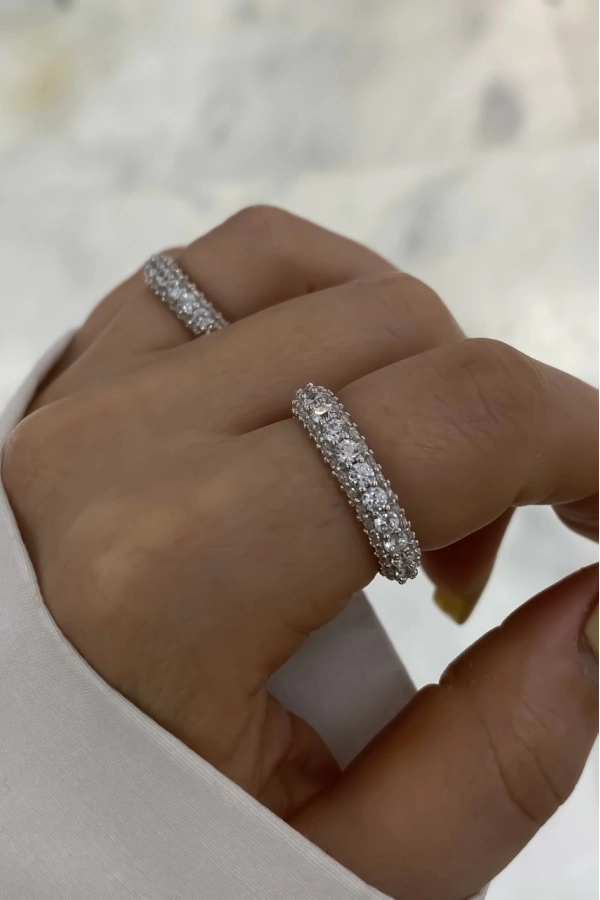 İthal Bombeli Üç Sıra Taşlı Tamtur Yüzük