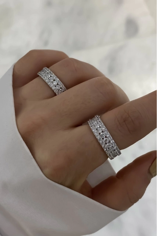 İthal Üç Sıra Taşlı Tamtur Yüzük