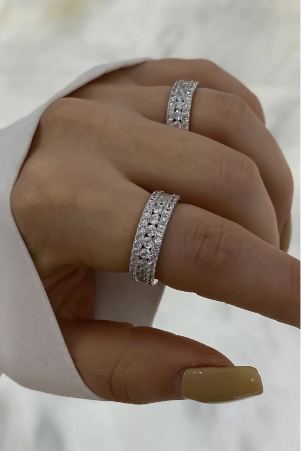 İthal Üç Sıra Taşlı Tamtur Yüzük