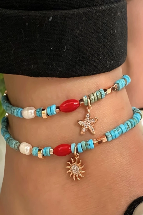 Mercan İnci Ve Turkuaz Taşlı Halhal