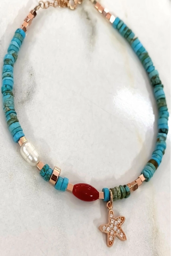 Mercan İnci Ve Turkuaz Taşlı Halhal