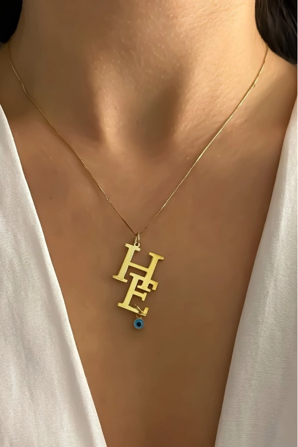 Nazar Boncuklu İkili Harf Kolye