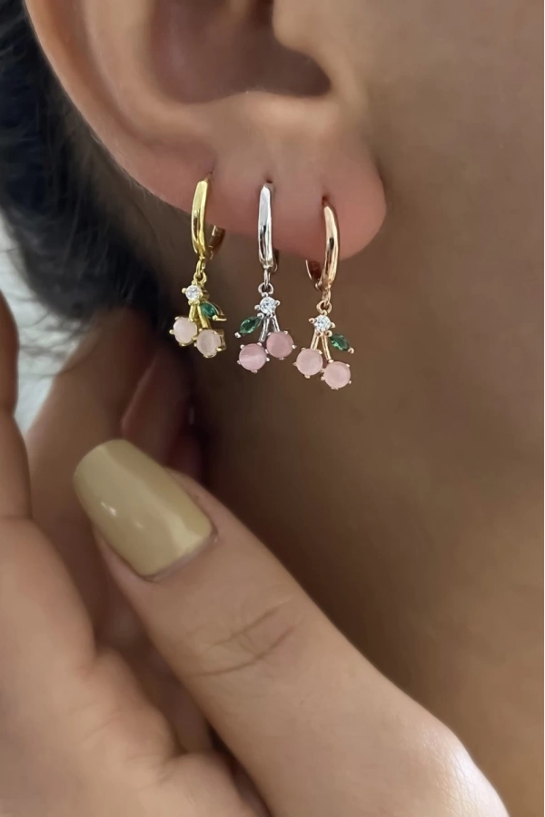 Pembe Kuvars Taşlı Kiraz Küpe