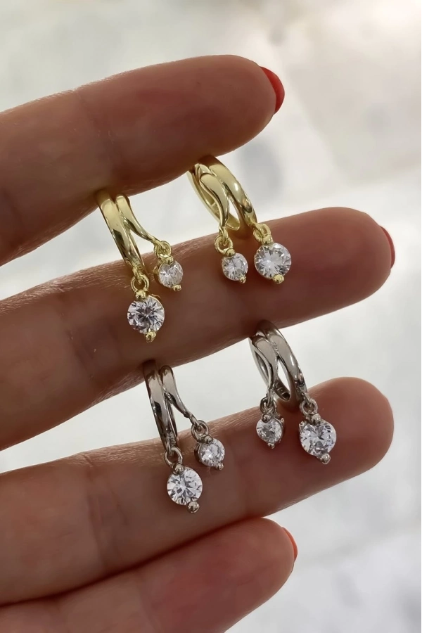 Sallantılı Çift Taşlı Küpe