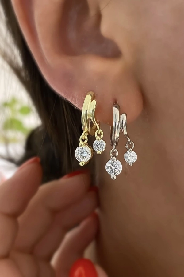 Sallantılı Çift Taşlı Küpe