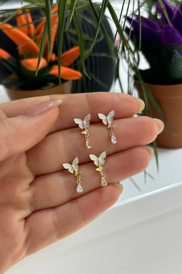 Sedef Taşlı Kelebek Küpe