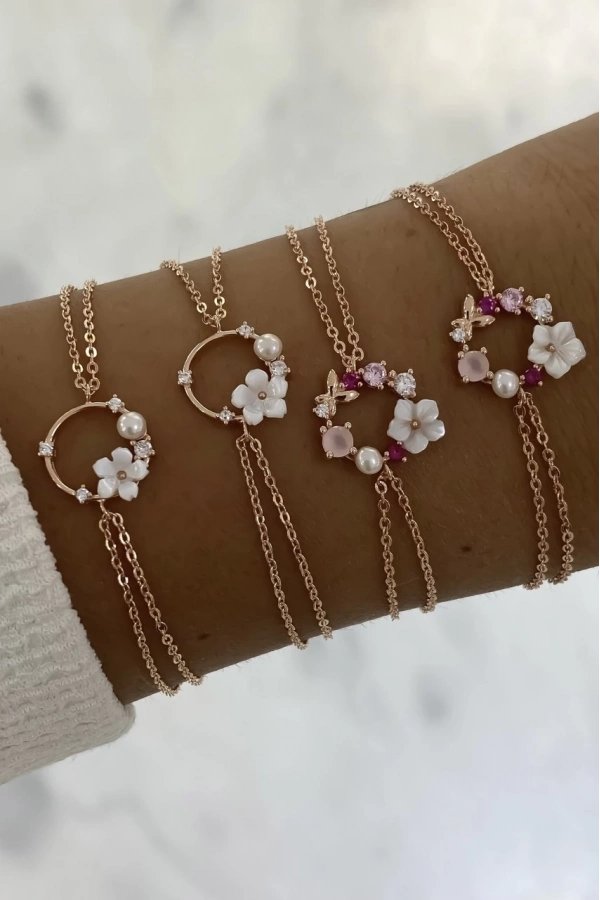 Sedefli Pembe Taşlı  Çiçek Bileklik