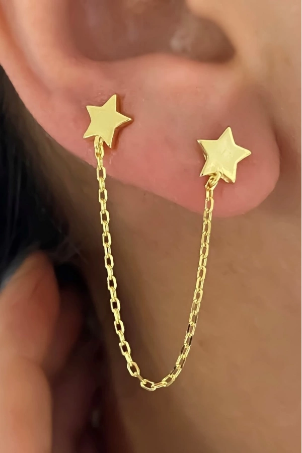 Taşsız Çift Yıldızlı Zincirli Küpe