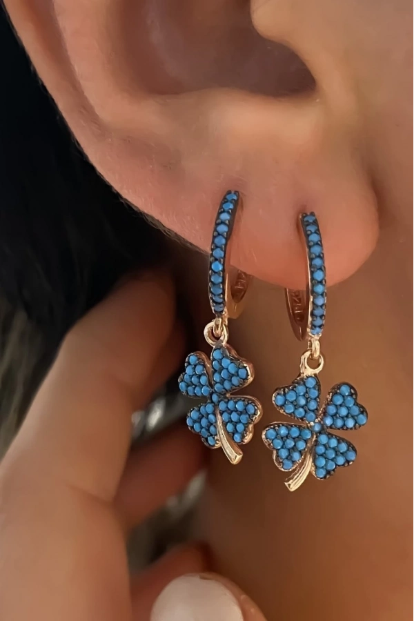 Turkuaz Taşlı Yonca Küpe