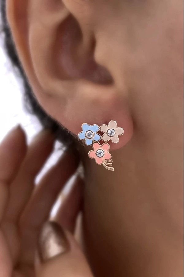 Üçlü Mineli Çiçek Küpe