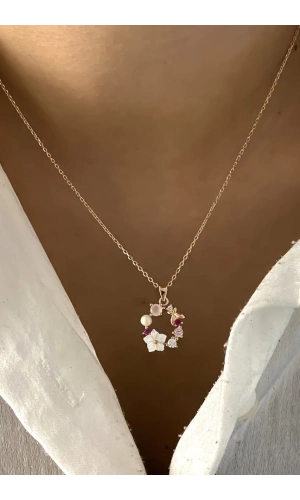 Çiçekli Sedef Taşlı Kolye