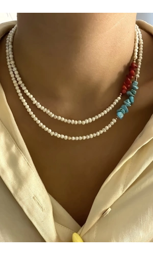 İnci Doğal Taş Detaylı Kolye