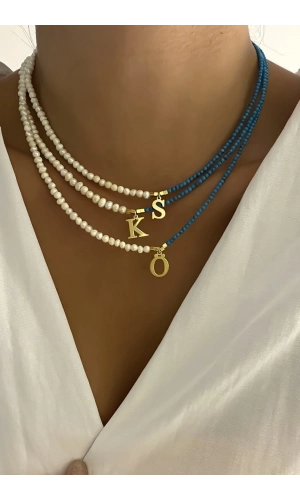İnci&Turkuaz Harfli Tasarım Kolye