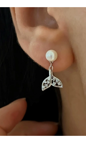 İncili Taşlı Balık Kuyruğu Küpe