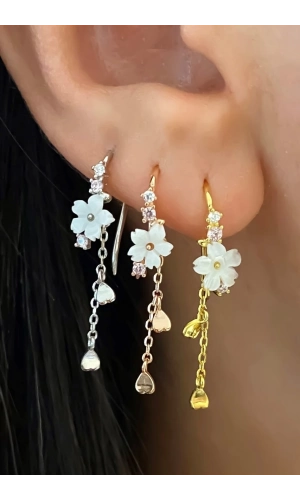 Kalp Sallantılı Sedef Taşlı Çiçek Küpe