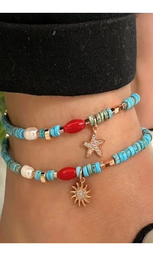 Mercan İnci Ve Turkuaz Taşlı Halhal