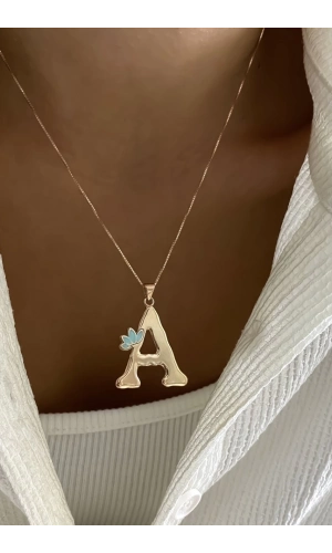 Mineli Lotus Çiçekli Harf Kolye