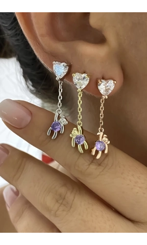 Sallantılı Ayıcık Ve Kalp Detaylı Küpe