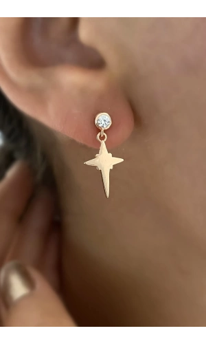 Tek Taş Detaylı Minimal Kutup Yıldızı Küpe