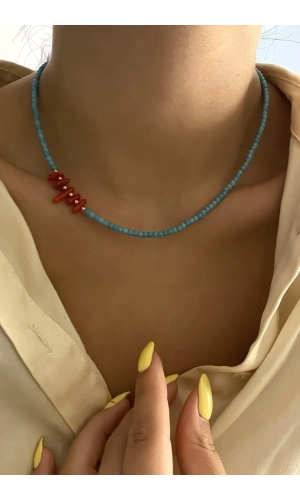 Turkuaz Mercan Detaylı Kolye