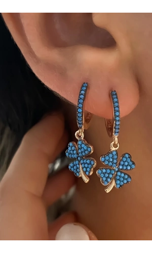 Turkuaz Taşlı Yonca Küpe