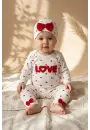 %100 Pamuklu Mia Love Kalp Desenli Fiyonk Detaylı 3lü Bebek Takımı - Kırmızı/Beyaz Kurusu 3-9 Ay