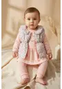 Mia Kız Bebek Pembe Çiçekli Şişme Yelekli Üçlü Kombin Takım - Pamuklu Tavşan Baskılı Tunik ve Fitilli Tayt Seti
